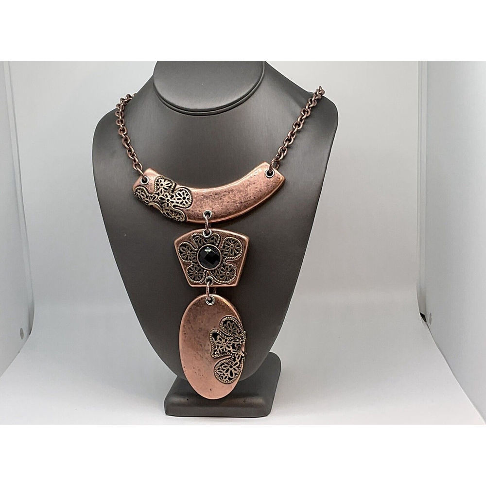 AMAZING Mixed Metal Cooper & Brass w/Black Glass Piece STATEMENT Necklace